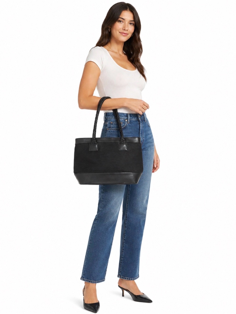 $148 🖤 Lauren Ralph Lauren Black Tote Bag (Braided Strap) - Picture 2 of 6